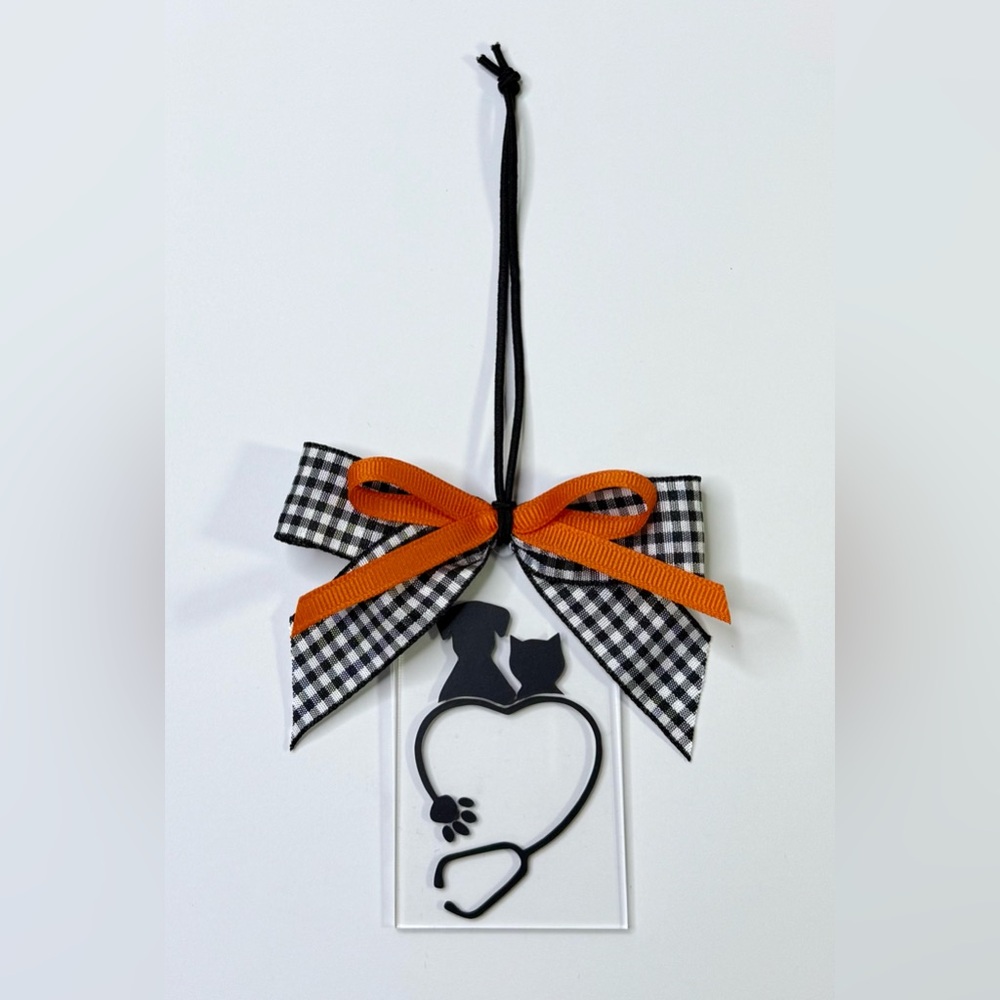 Heart Stethoscope Dog & Cat Car Charm Christmas Ornament with Orange & Black Bow